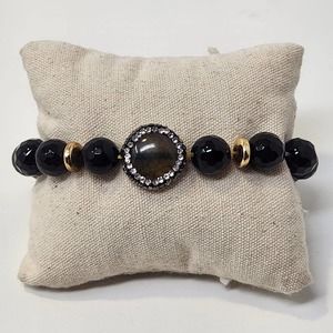 Black Glass Faceted Bead Pave Crystal Stretch Bracelet Costume Fashion Jewelry